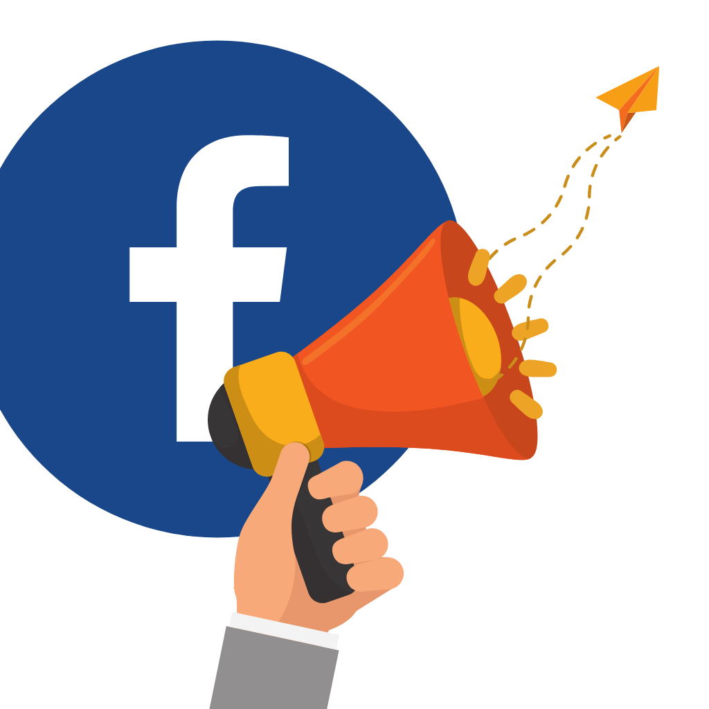 facebook advertising shouting message with megaphone while paper airplane flies up with message